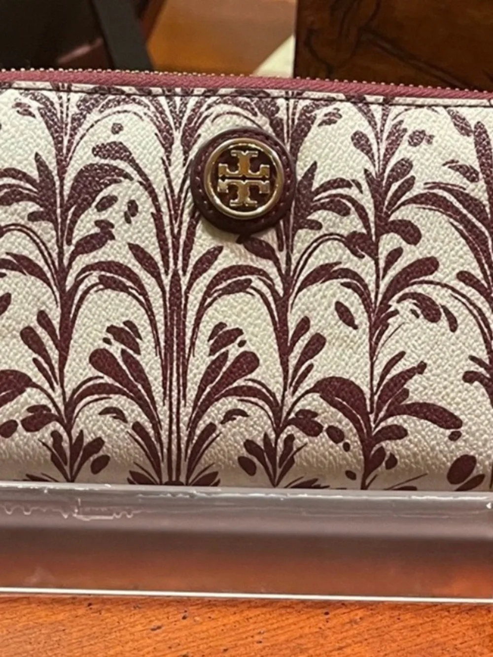 Tory Burch Cream and Maroon Printed Zip Wallet with Gold Logo